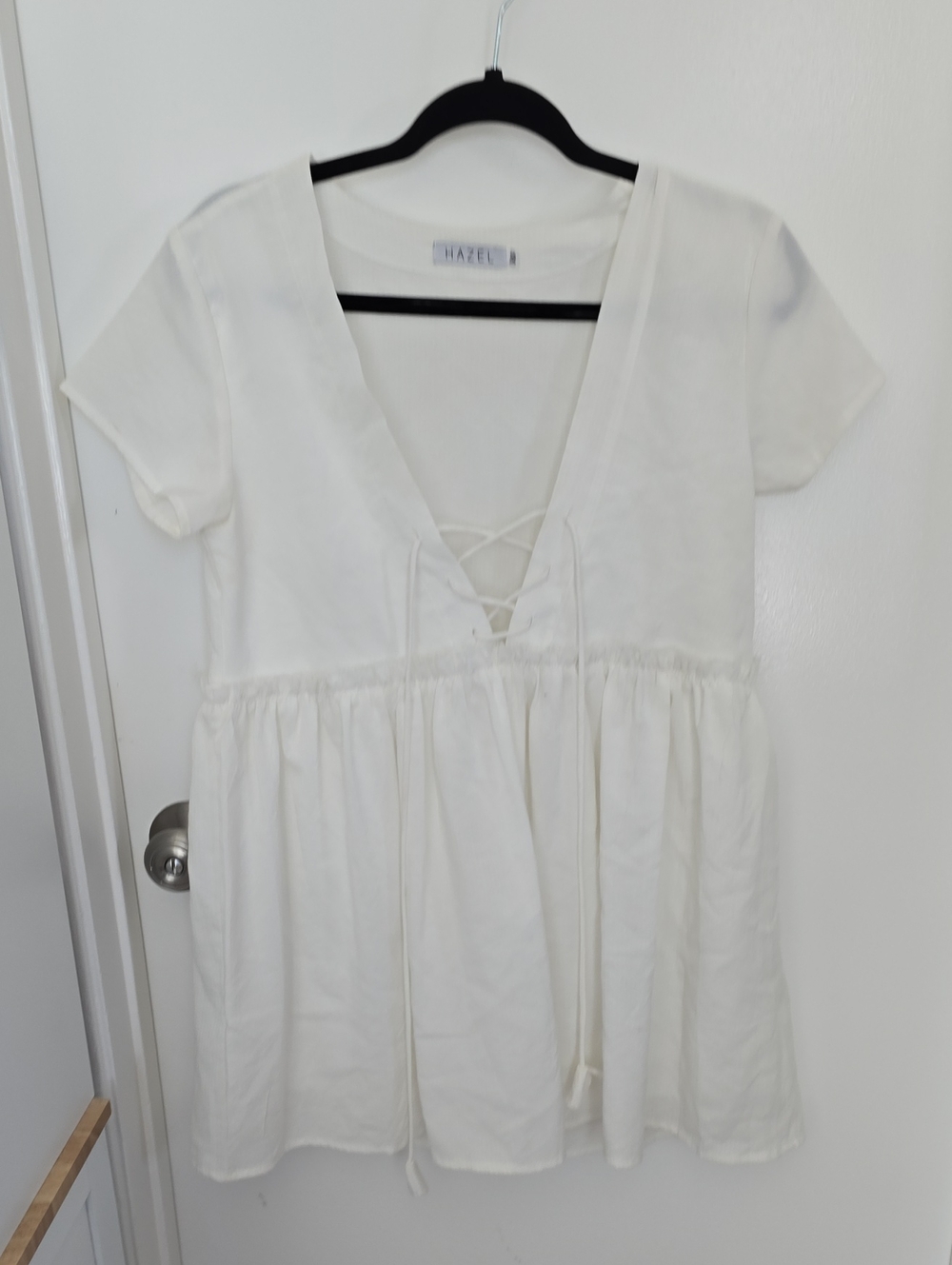 hazel Cream Lace-Up V-Neck Babydoll Dress